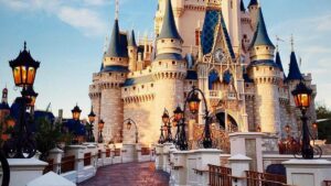 View of Cinderella's Castle and bridge at Walt Disney World's Magic Kingdom in Orlando, Florida, USA